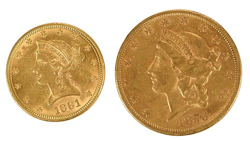 Two Liberty Head Gold Coins, $10 and $20
