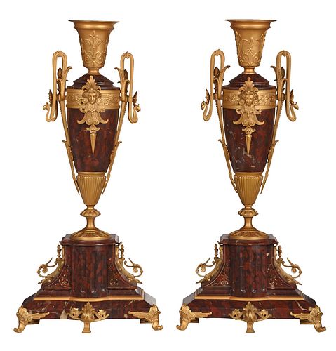 Pair Louis XVI Style Gilt Bronze Mounted Rouge Marble Urns