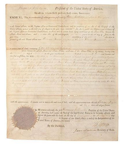 Thomas Jefferson & James Madison, Signed Ohio Land Grant 