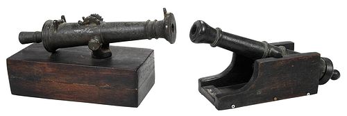 Two Miniature Bronze Cannons on Stands
