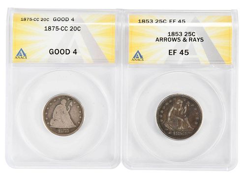 Two Graded Coins, Seated Twenty Cent and Quarter 