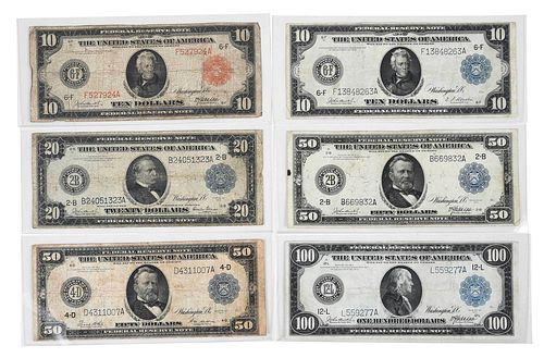 Group of Six 1914 Federal Reserve Notes 