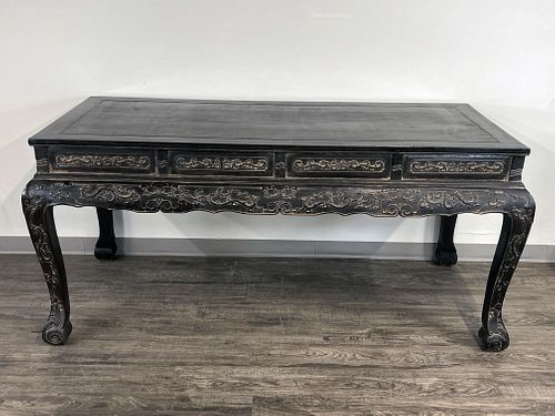 LARGE CHINESE CARVED ZITAN TABLE WITH CURVED LEGS