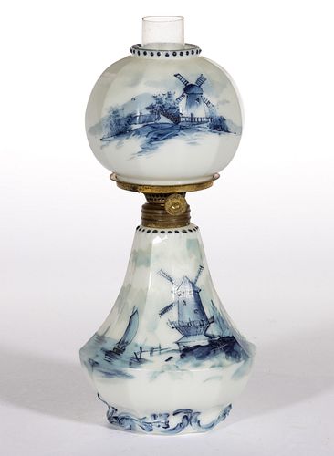 PAIRPOINT PANELLED DELFT-DECORATED OPAL MINIATURE LAMP,