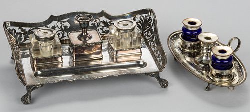 ENGLISH SILVER-PLATED INKSTANDS / DESK SETS, LOT OF TWO