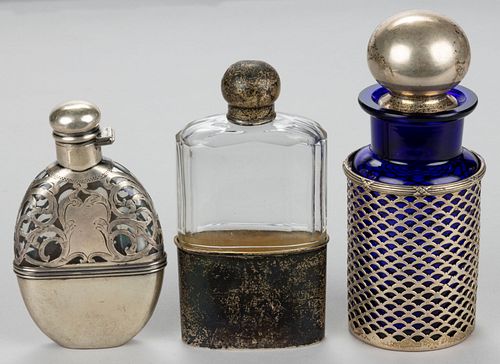 ALVIN AND OTHER STERLING SILVER AND GLASS FLASKS AND BOTTLE, LOT OF THREE