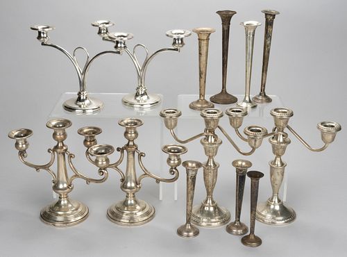 ASSORTED AMERICAN WEIGHTED STERLING SILVER CANDELABRA AND BUD VASES, LOT OF 13