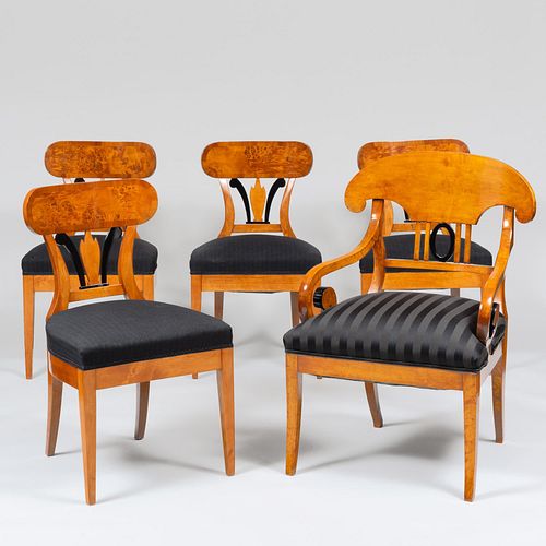 Set of Five Biedermeier Style Birch, Burlwood and Ebonized Side Chairs