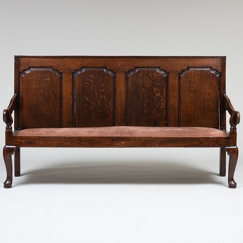 George III Style Carved Oak and Suede Settee