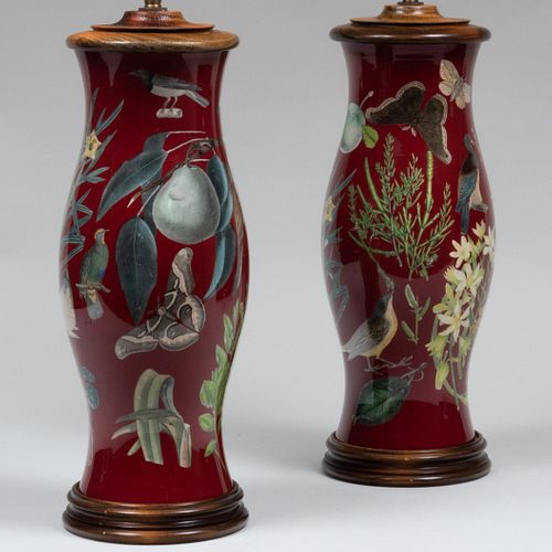 Pair of Red Decoupage Lamps