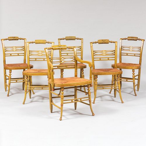 Set of Six Painted, Parcel-Gilt and Rush Hitchcock Chairs