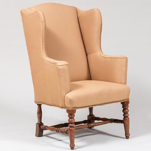 Victorian Style Fruitwood and Upholstered Wing Chair
