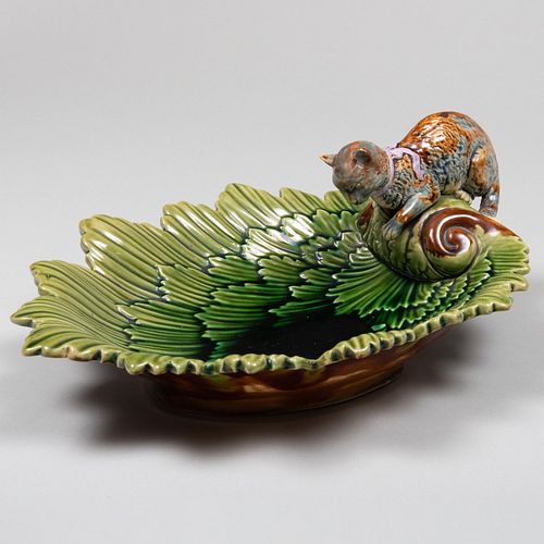 Continental Majolica Dish with Cat Form Handle