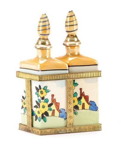 Pair of Lusterware Perfume Scent Bottle in Stand