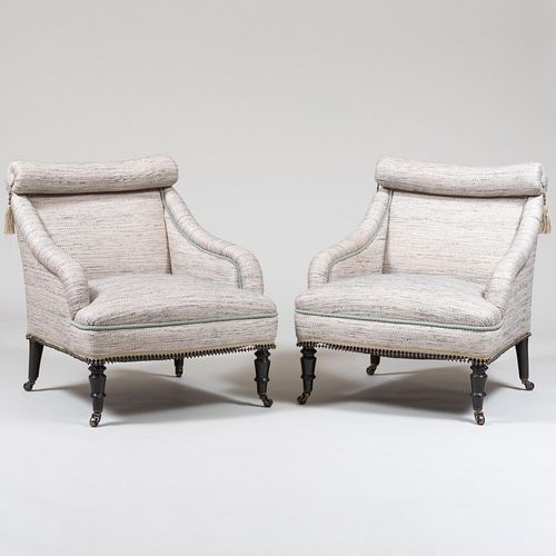 Pair of Empire Style Upholstered and Beaded Passementerie Bergeres