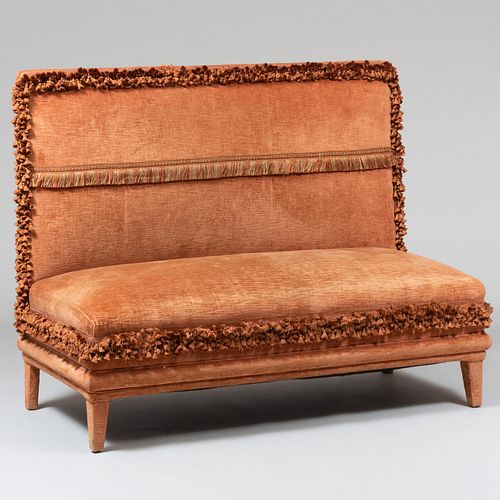 Modern Upholstered Hall Bench with Old World Weavers Burnt Orange Linen Velvet and Trim