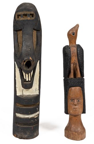 FOLK ART CARVED AND PAINTED TOTEM POLES,  LOT OF TWO