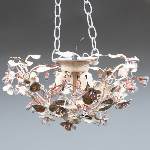 Painted Metal and Parcel-Gilt Floral Ceiling Fixture, with Glass Buds