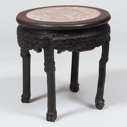 Chinese Carved Hardwood and Marble Low Circular Side Table