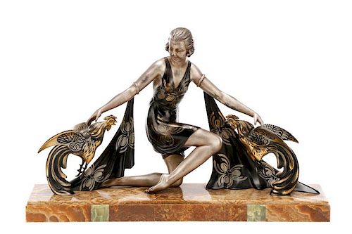 G. Arisse, "Femme Avec Coqs", Art Deco Sculpture