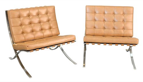 A Pair of Mies Van Der Rohe Barcelona Leather Lounge Chairs