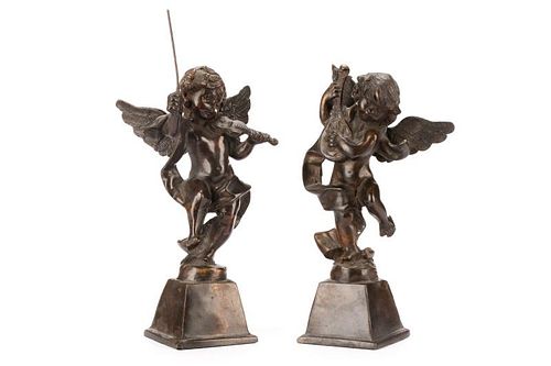 Pair Bronze Putti with Instruments, Style of Tacca