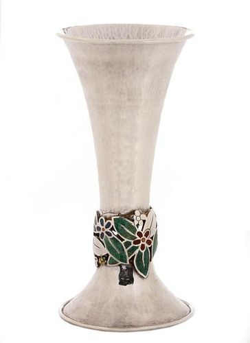 Los Castillo Silver Trumpet Vase w/ Inlaid Stone