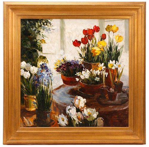 Jamie Lisa, Still Life With Tulips And Irises, Oil