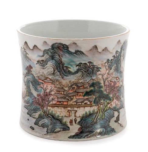 Chinese Porcelain Landscape Brush Pot, Marked