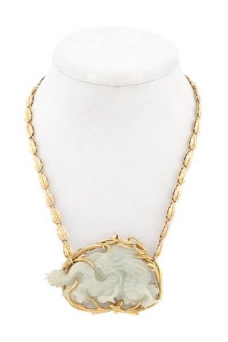 Heavy 18k Gold and Jadeite Dragon Pendant Necklace
