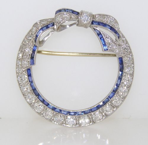 Art Deco Platinum Sapphire Diamond Bow Pin Brooch