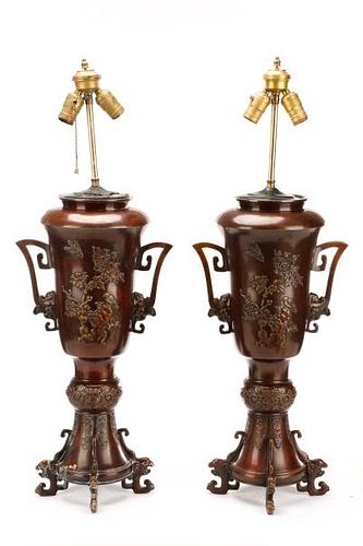 Pair, Chinese Bronze Finish Table Lamps w/ Birds