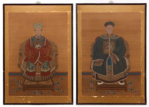 Pair of Large Chinese Ancestral Portraits on Silk