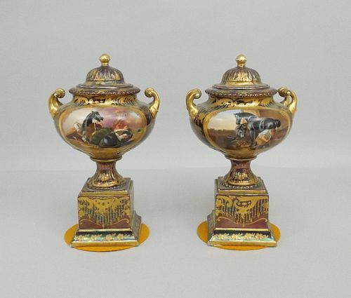 Pair of Vienna Porcelain Lidded Urns.