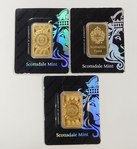 (3) Scottsdale Mint Fine Gold 1 Troy Oz. Bars.