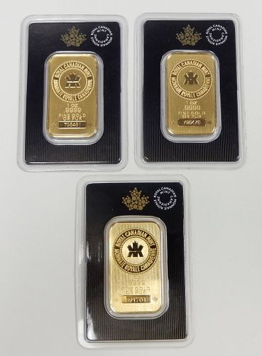 (3) Royal Canadian Mint Pure Gold 1 Troy Oz. Bars.