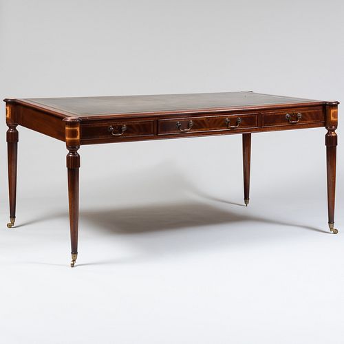 Regency Style Inlaid Mahogany Partner's Desk with Gilt-Tooled Leather Top, of Recent Manufacture