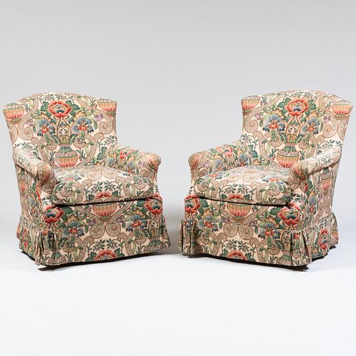 Pair of Floral Linen Swivel Club Chairs