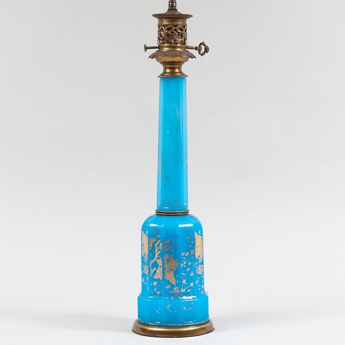 Gilt Decorated Blue Glass Opaline Table Lamp