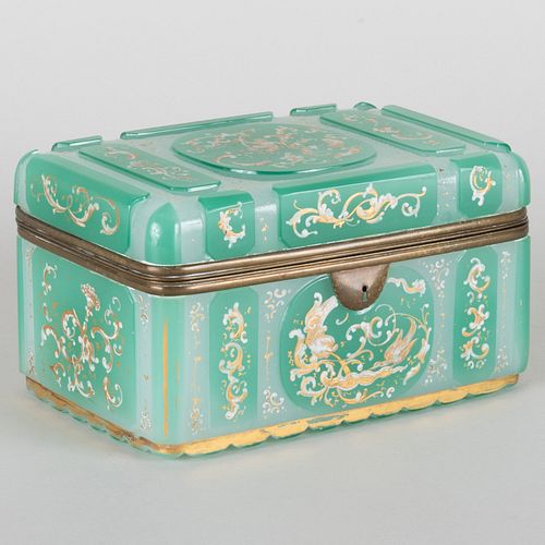 French Gilt-Metal-Mounted Enameled Green Glass Box