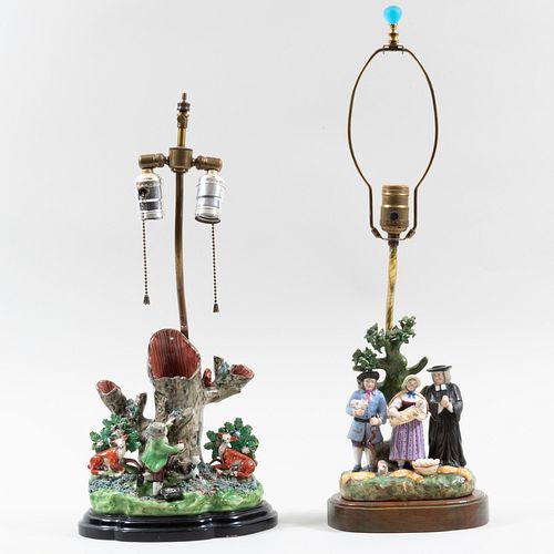 Staffordshire Figure Group 'Tithe Pig' and a Spill Vase with Deer and Boy Mounted as Lamps