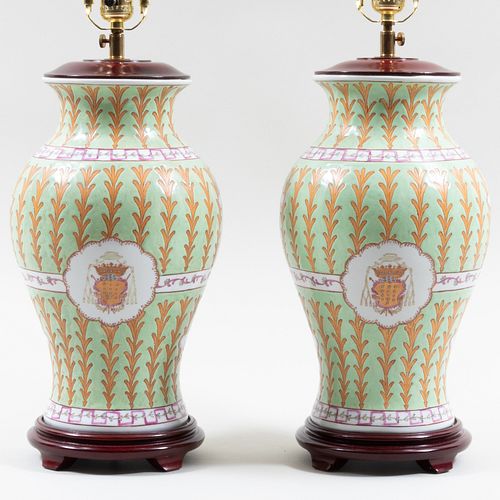 Pair of Pair of Chinese Export Style Green Ground Porcelain Armorial Vases Mounted as Lamps
