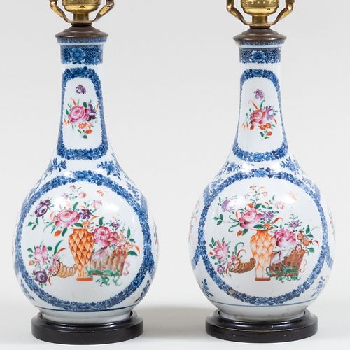 Pair of Chinese Export Porcelain Bottle Vases Mounted as Lamps