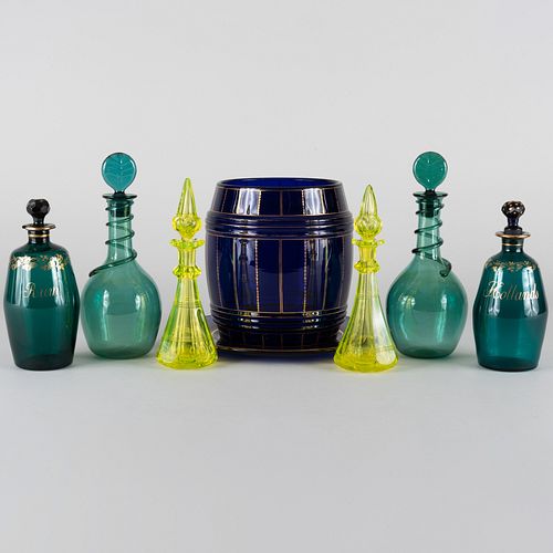 Cobalt Glass Barrel Form Ice Bucket and Underplate and Six Colored Glass Decanters and Stoppers