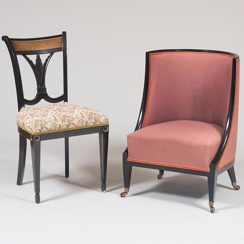 Regency Style Ebonized Upholstered Low Tub Chair and a Neoclassical Style Ebonized Side Chair