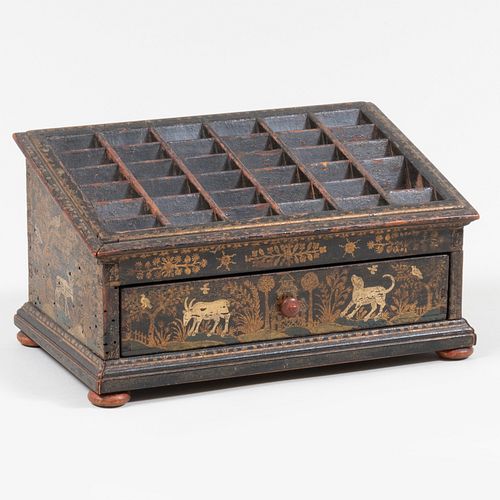 George III Black Japanned Game Box, with Red and Gold Pained Wood Gaming Counters