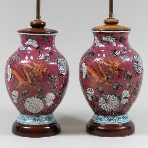 Pair of Chinese Pink Ground Porcelain Vases Mounted as Lamps