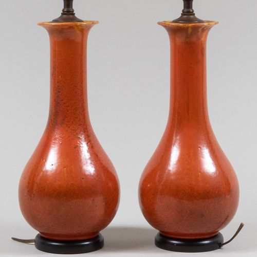 Pair of Chinese Orange Glaze Vases Mounted as Lamps