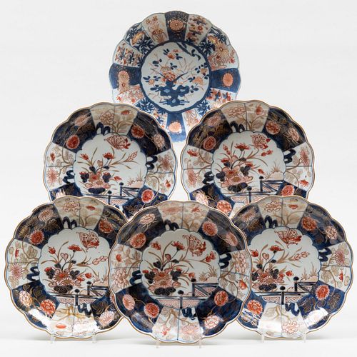 Set of Five Japanese Imari Porcelain Lobed Dishes and a Similar Dish
