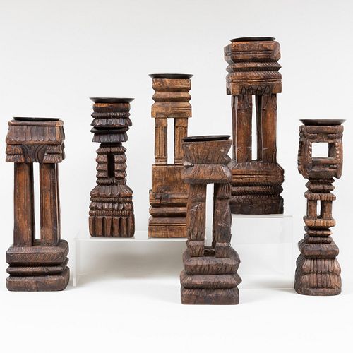 Group of Six Indian Carved Wood and Metal Candlesticks